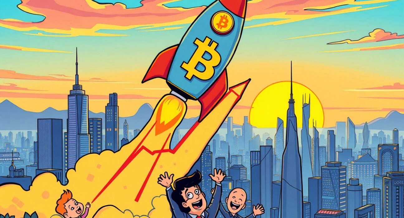 Bitcoin price prediction showing digital coin rocket launching toward $100K milestone