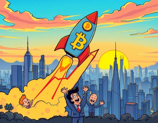 Bitcoin price prediction showing digital coin rocket launching toward $100K milestone