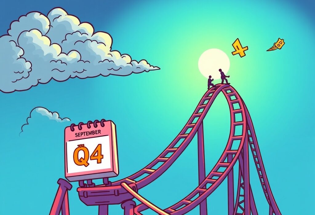 Cartoon illustrating a sharp Bitcoin price prediction drop in September, followed by a strong rebound in Q4, reflecting market volatility.