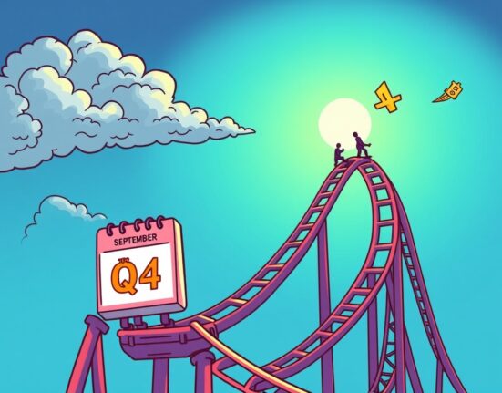 Cartoon illustrating a sharp Bitcoin price prediction drop in September, followed by a strong rebound in Q4, reflecting market volatility.