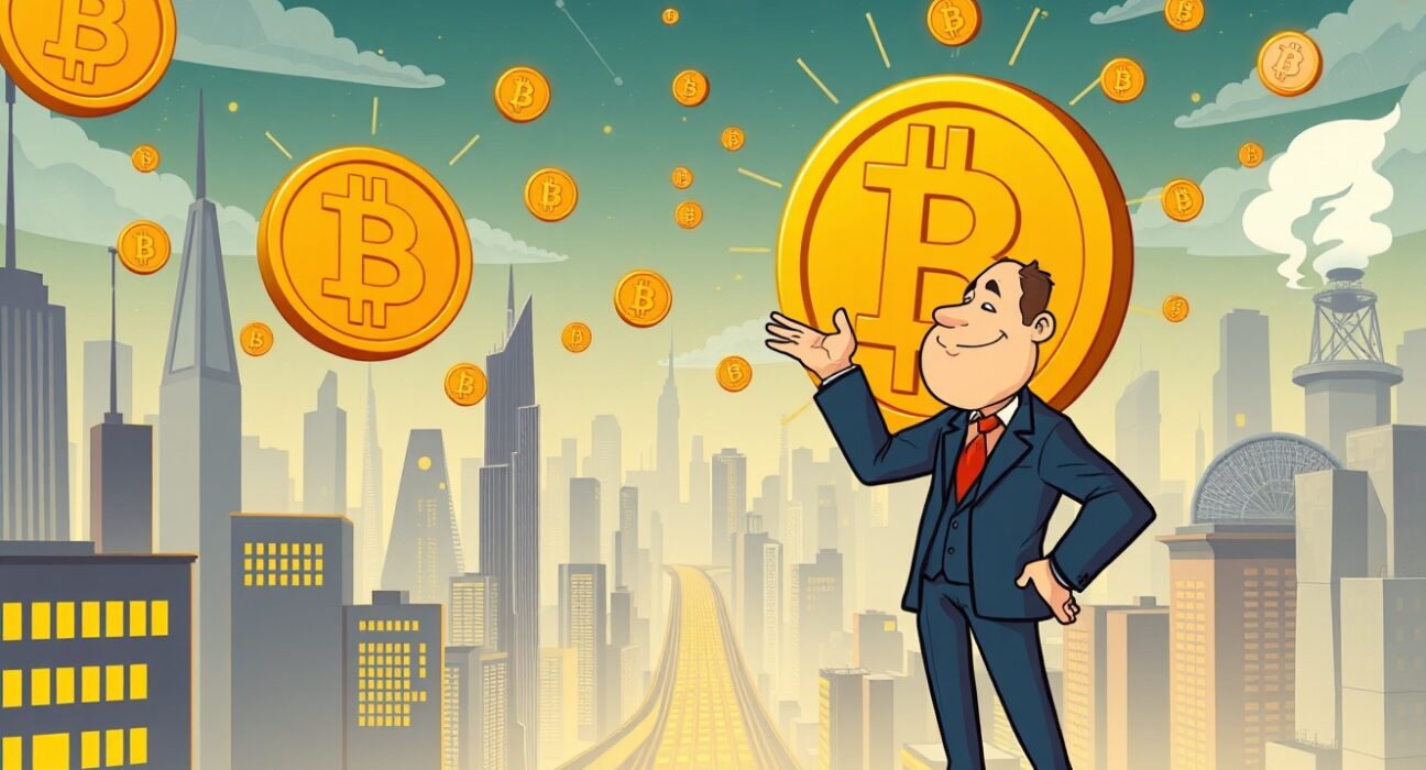 A visionary figure points to a soaring Bitcoin symbol amidst global economic shifts, illustrating the ambitious Bitcoin price prediction.