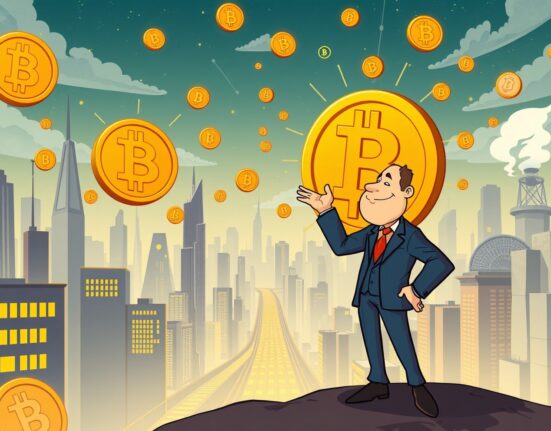 A visionary figure points to a soaring Bitcoin symbol amidst global economic shifts, illustrating the ambitious Bitcoin price prediction.
