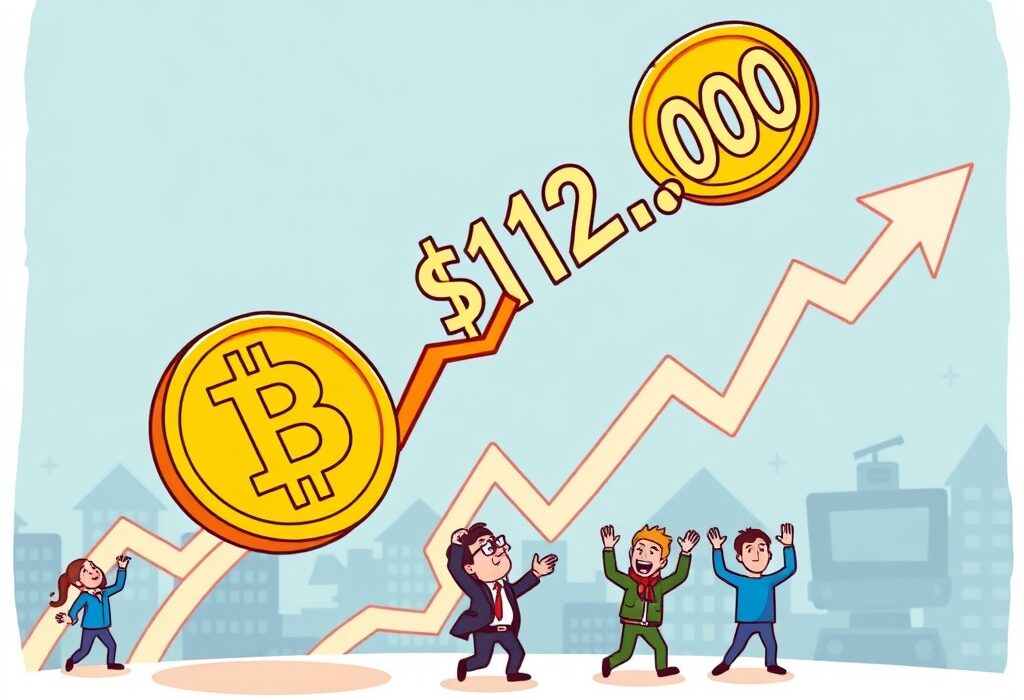 Cartoon illustration depicting Bitcoin's price rally, showing a BTC coin dramatically increasing in value on a chart.