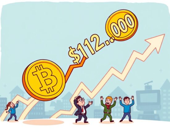 Cartoon illustration depicting Bitcoin's price rally, showing a BTC coin dramatically increasing in value on a chart.