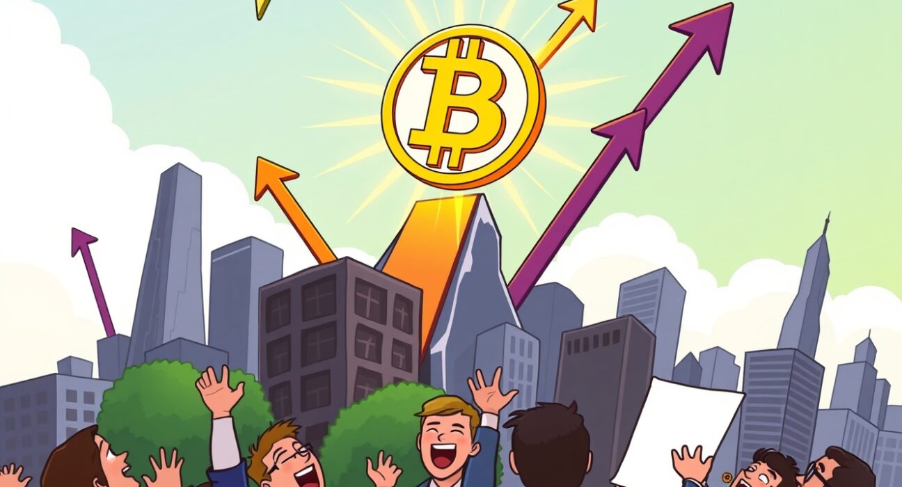 A vibrant cartoon illustration showing the Bitcoin symbol soaring above a city, representing the significant Bitcoin price rally.