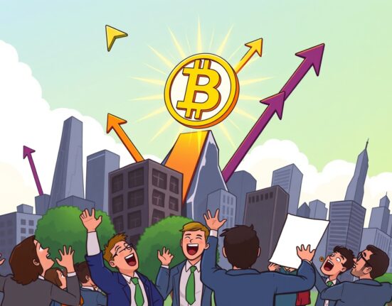 A vibrant cartoon illustration showing the Bitcoin symbol soaring above a city, representing the significant Bitcoin price rally.