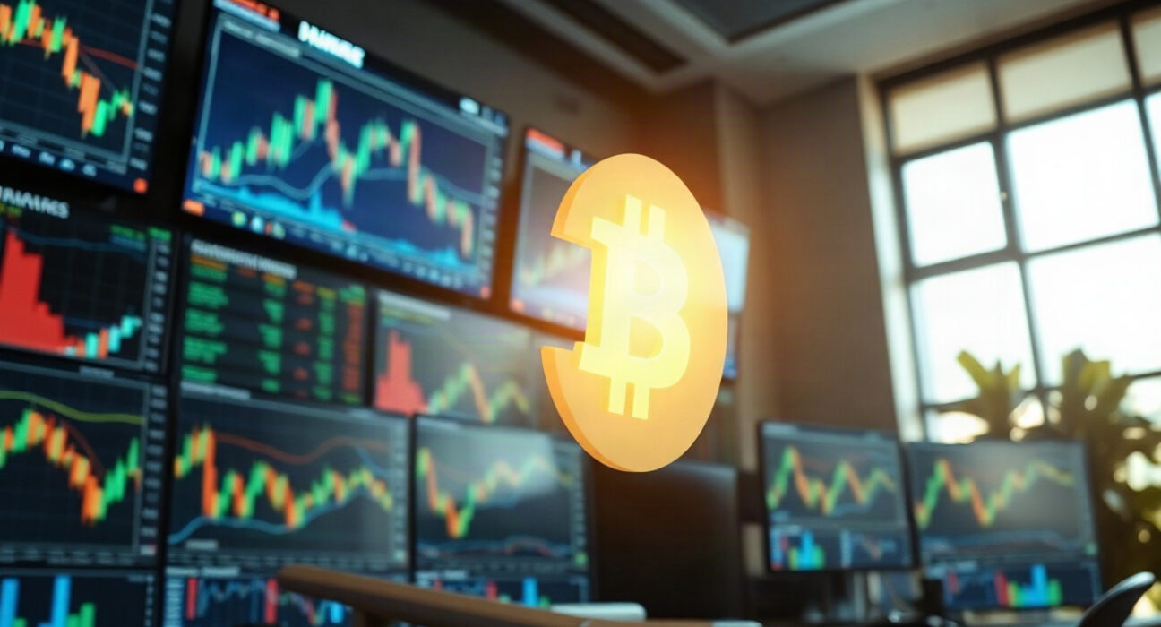 Bitcoin coin in foreground with blurred trading charts in background, representing market analysis