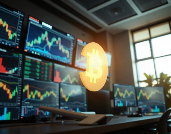 Bitcoin coin in foreground with blurred trading charts in background, representing market analysis