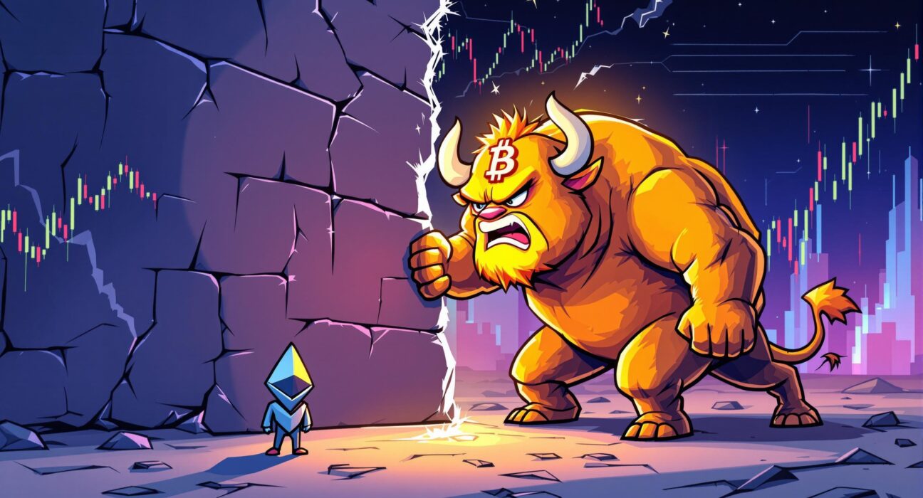 Cartoon illustration showing a strong Bitcoin character breaking resistance, easing Ethereum's downside in the crypto market. Reflects current Bitcoin price trends.