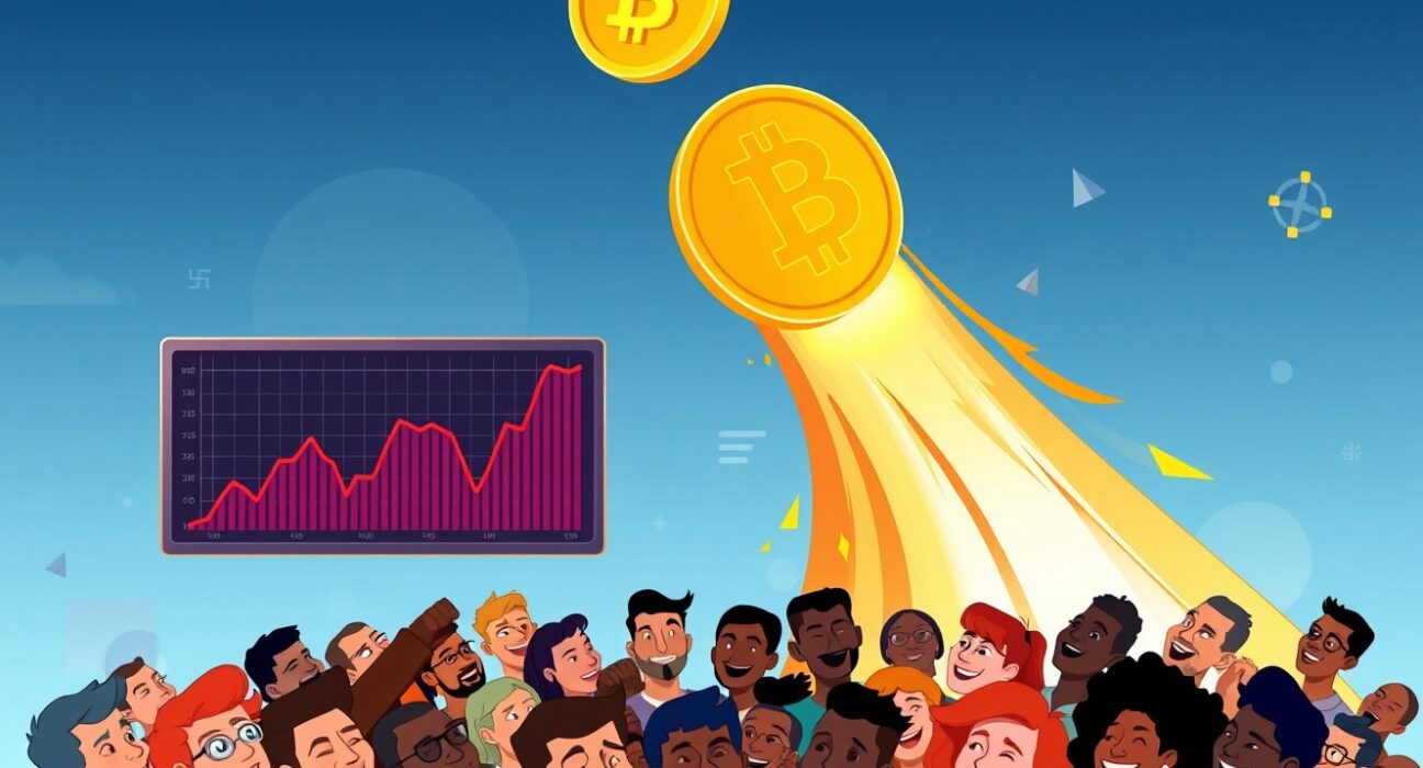 A cartoon illustration depicting the remarkable surge in Bitcoin price, showing a large BTC coin rising high.