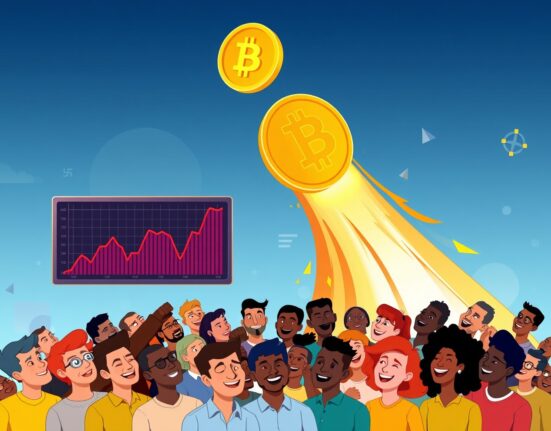 A cartoon illustration depicting the remarkable surge in Bitcoin price, showing a large BTC coin rising high.