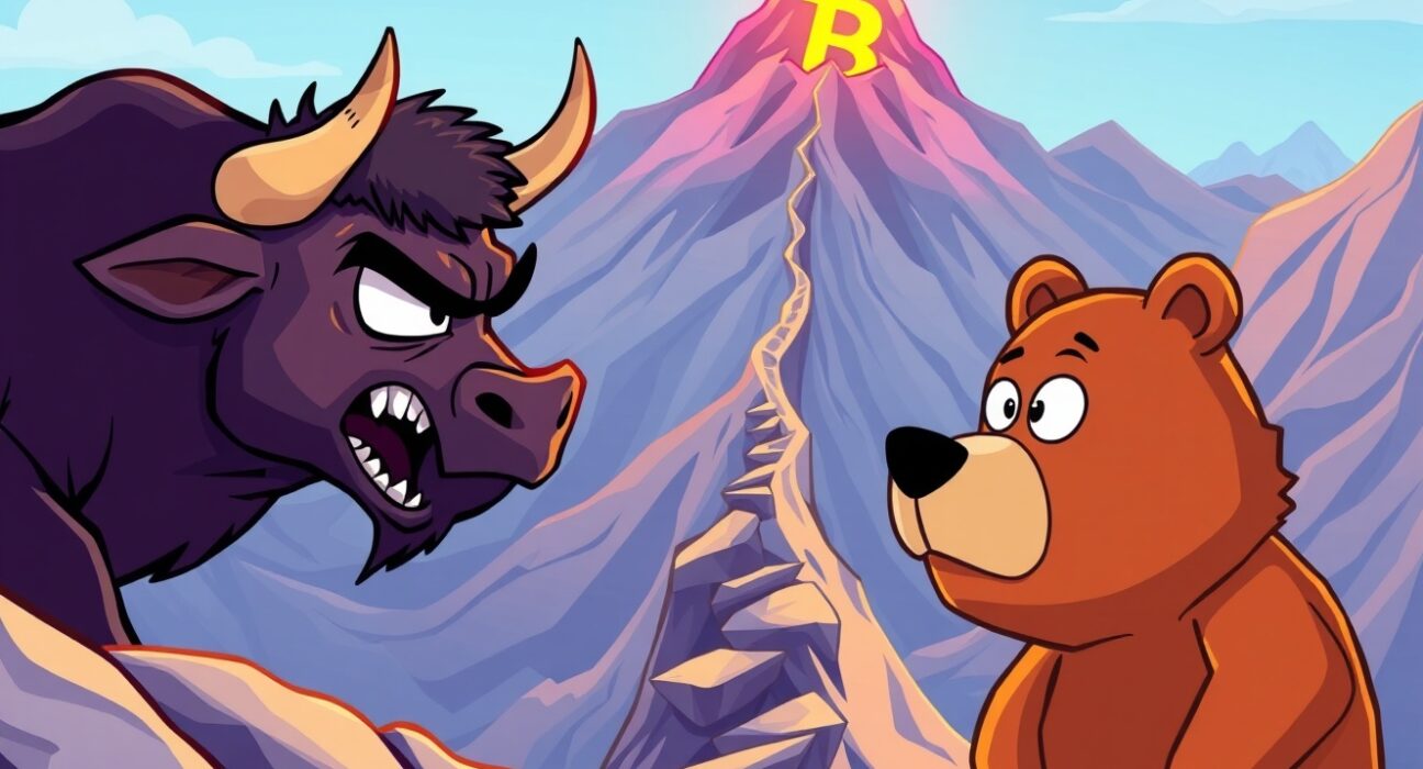 A cartoon bull and bear in a tense standoff over Bitcoin price resistance at a mountain peak.