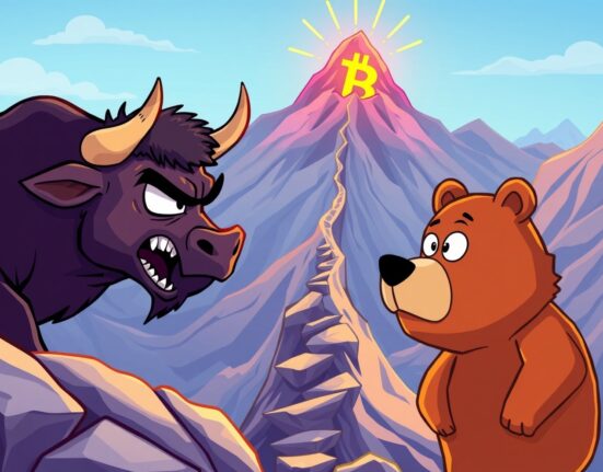 A cartoon bull and bear in a tense standoff over Bitcoin price resistance at a mountain peak.
