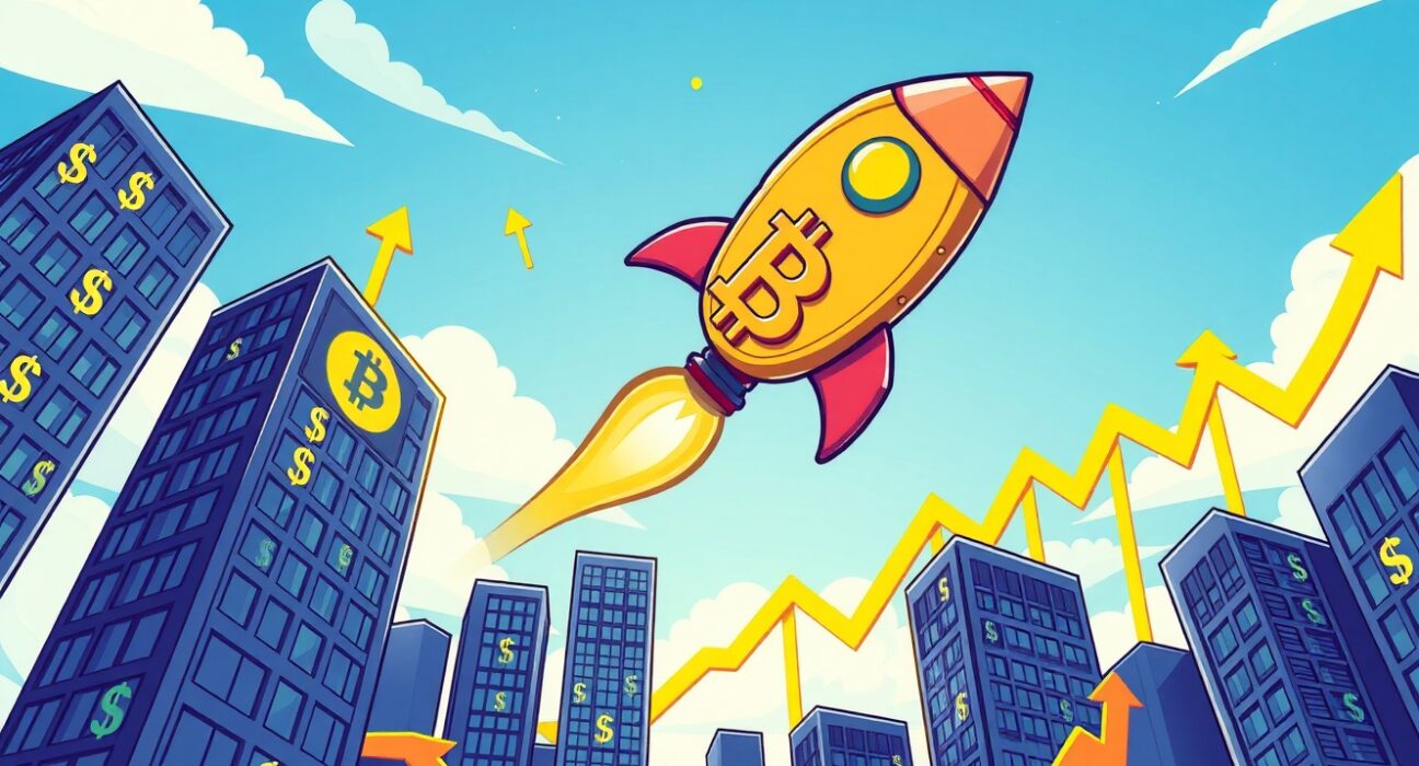 Bitcoin rocket soaring upward representing the dramatic BTC price rise above $85,000