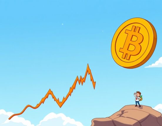 A cartoon illustration showing a calm Bitcoin ascending, symbolizing a potential Bitcoin price rise as market volatility decreases.