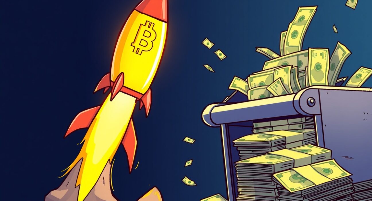 A cartoon illustration showing Bitcoin price rise against a backdrop of fiat currency printing, symbolizing its increasing value.