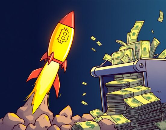 A cartoon illustration showing Bitcoin price rise against a backdrop of fiat currency printing, symbolizing its increasing value.