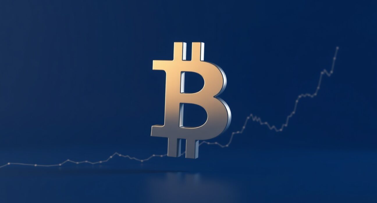 Bitcoin symbol against a financial chart background representing price rise and market analysis.