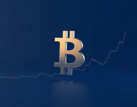 Bitcoin symbol against a financial chart background representing price rise and market analysis.