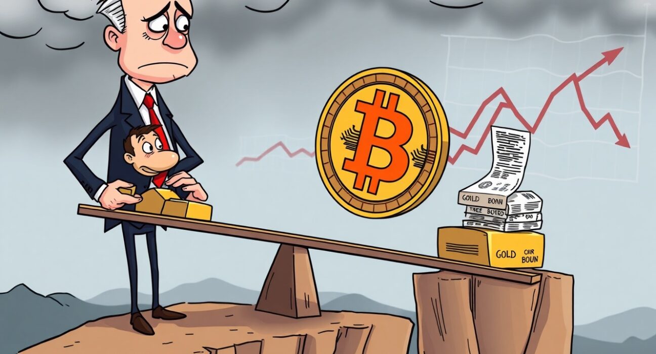 An illustration showing the unstable Bitcoin price as investors move to traditional safe havens like gold.