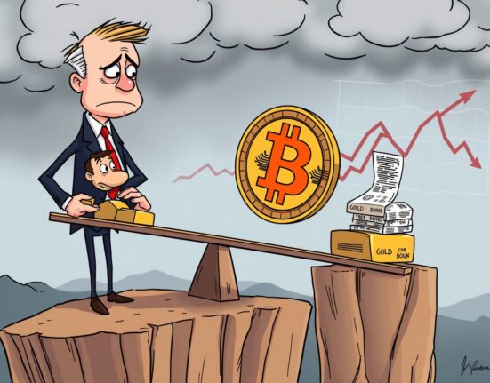An illustration showing the unstable Bitcoin price as investors move to traditional safe havens like gold.