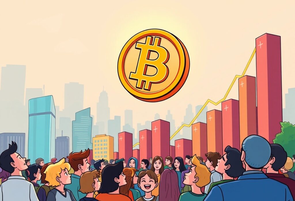 A cartoon illustration of a Bitcoin symbol soaring above a city, representing the dramatic rise in Bitcoin price and market excitement.