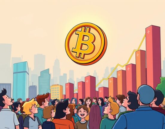 A cartoon illustration of a Bitcoin symbol soaring above a city, representing the dramatic rise in Bitcoin price and market excitement.