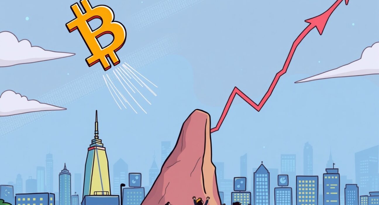 A cartoon illustration showing the Bitcoin price soaring above $111,000, representing significant market growth and investor excitement.
