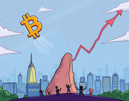 A cartoon illustration showing the Bitcoin price soaring above $111,000, representing significant market growth and investor excitement.