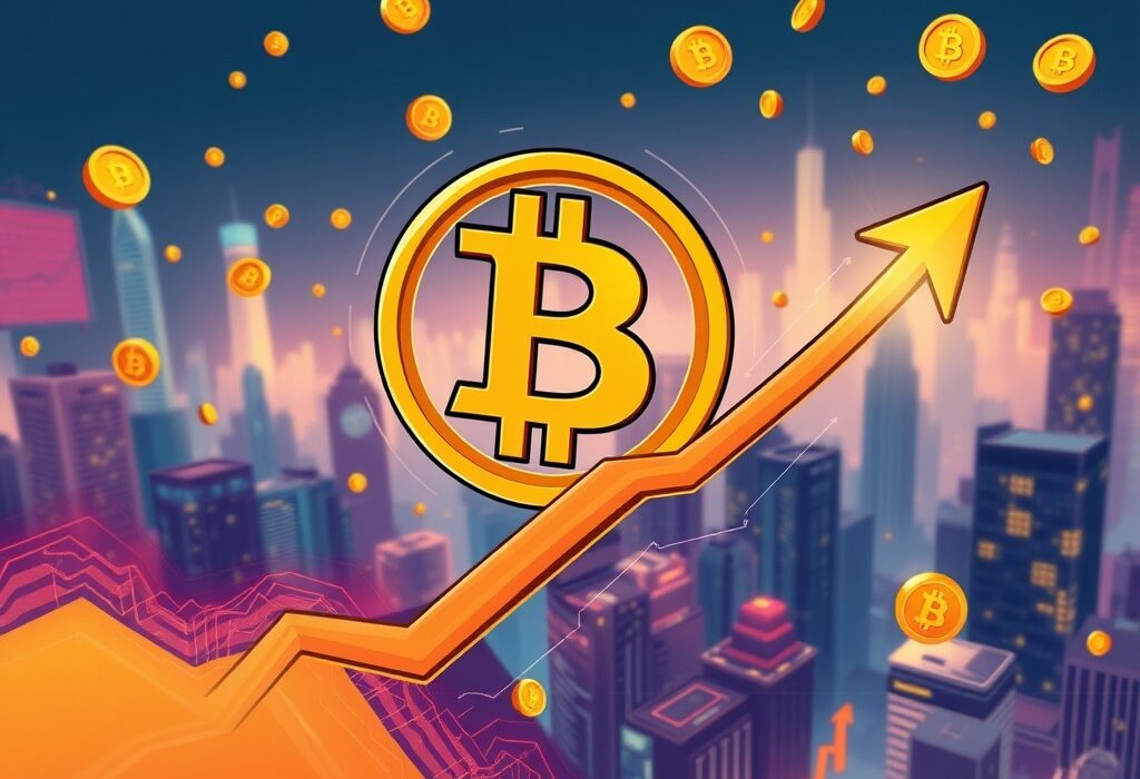 Cartoon illustration showing the Bitcoin Price soaring past $117,000, symbolizing significant market growth and investor excitement.