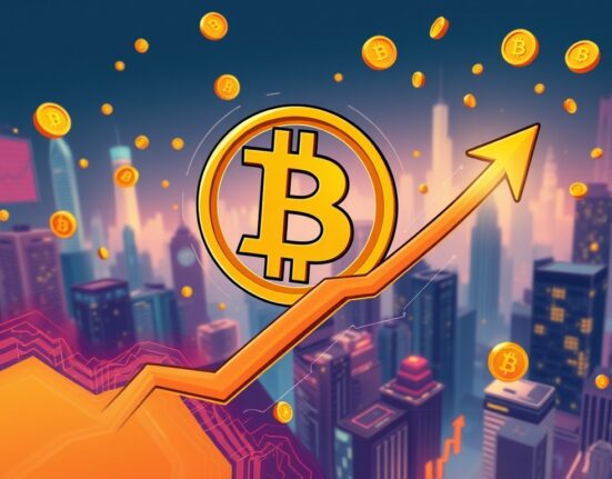 Cartoon illustration showing the Bitcoin Price soaring past $117,000, symbolizing significant market growth and investor excitement.