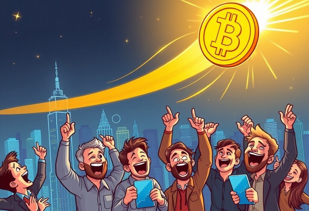 An energetic cartoon illustration showing the Bitcoin price surge, with a large BTC coin flying high above a cityscape.
