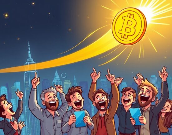 An energetic cartoon illustration showing the Bitcoin price surge, with a large BTC coin flying high above a cityscape.