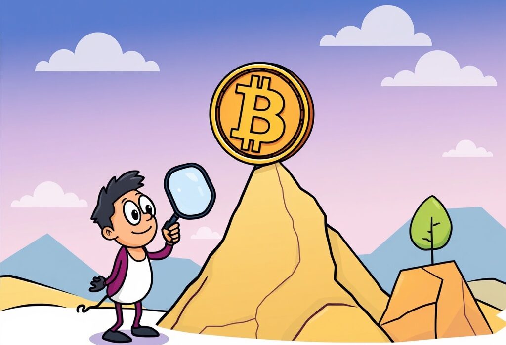 A cartoon illustration showing a stable Bitcoin price chart with an analyst calmly observing, conveying market confidence near all-time highs and the Bitcoin price.