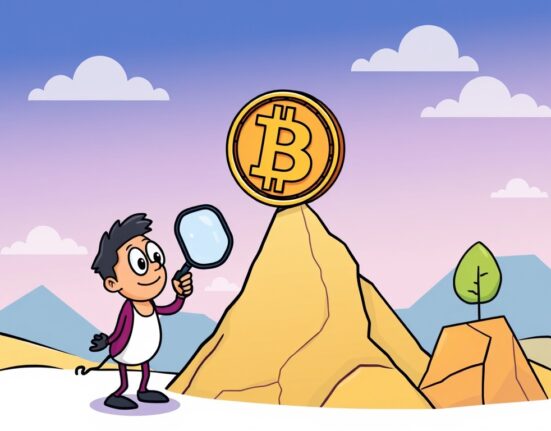 A cartoon illustration showing a stable Bitcoin price chart with an analyst calmly observing, conveying market confidence near all-time highs and the Bitcoin price.