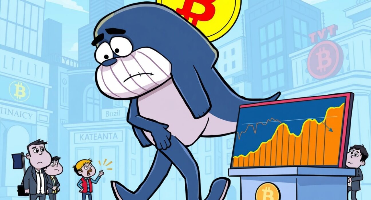 A cartoon whale leaving a stalled Bitcoin price graph, symbolizing the disappearance of a major market buyer.
