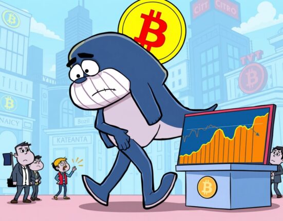 A cartoon whale leaving a stalled Bitcoin price graph, symbolizing the disappearance of a major market buyer.