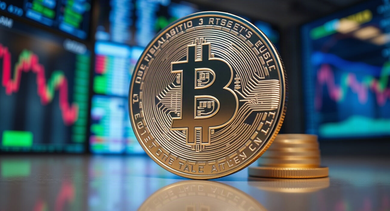 Bitcoin coin in foreground with market charts in background, symbolizing price analysis.