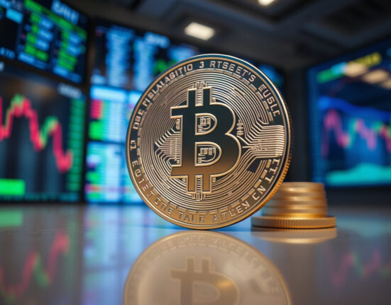 Bitcoin coin in foreground with market charts in background, symbolizing price analysis.