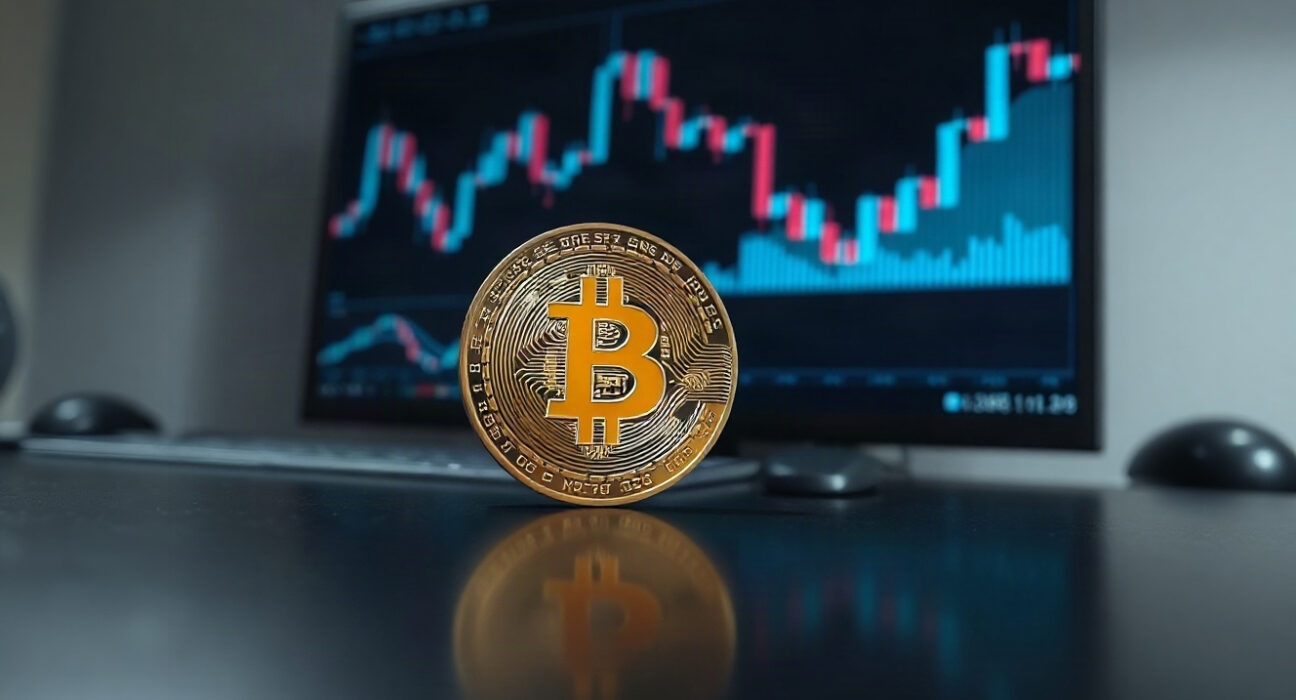 Bitcoin coin on trading desk with chart in background, representing market analysis
