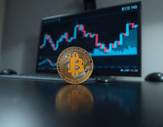 Bitcoin coin on trading desk with chart in background, representing market analysis