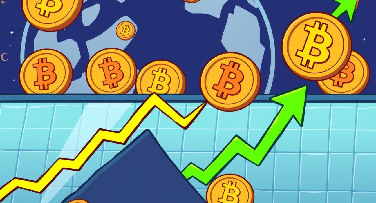 A vibrant cartoon showing the Bitcoin price chart dramatically rising, symbolizing a significant market surge and positive momentum.