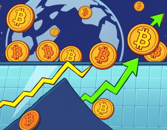 A vibrant cartoon showing the Bitcoin price chart dramatically rising, symbolizing a significant market surge and positive momentum.