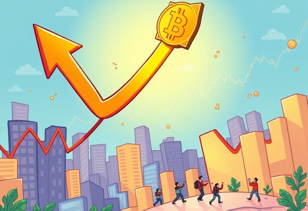 A cartoon showing Bitcoin price rapidly increasing, symbolizing significant gains in the cryptocurrency market.
