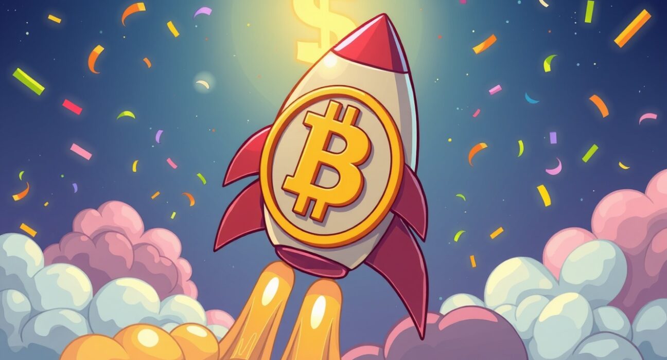 Bitcoin price rocket soaring to new heights in celebratory cartoon illustration
