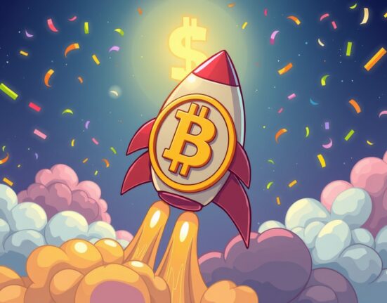Bitcoin price rocket soaring to new heights in celebratory cartoon illustration
