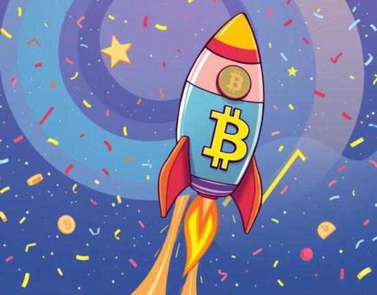 Bitcoin price rocket soaring through financial markets with celebration elements
