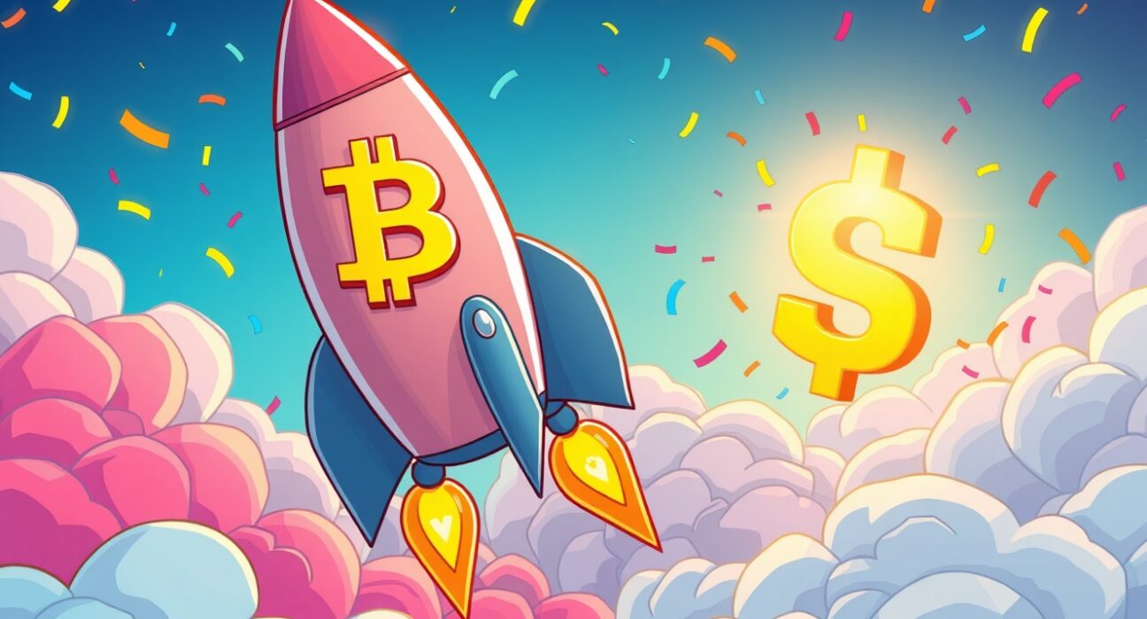 Bitcoin price surge depicted as rocket soaring through sky with golden coin trail