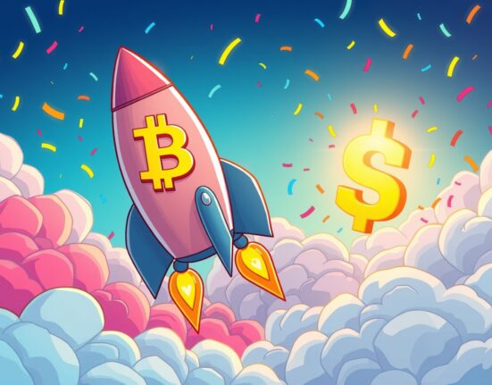 Bitcoin rocket ship celebrating BTC price reaching new record highs above $104,000