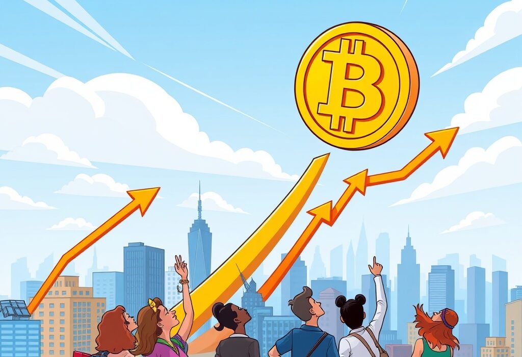 A vibrant cartoon illustration of a Bitcoin symbol soaring above a city, representing the remarkable Bitcoin Price surge.
